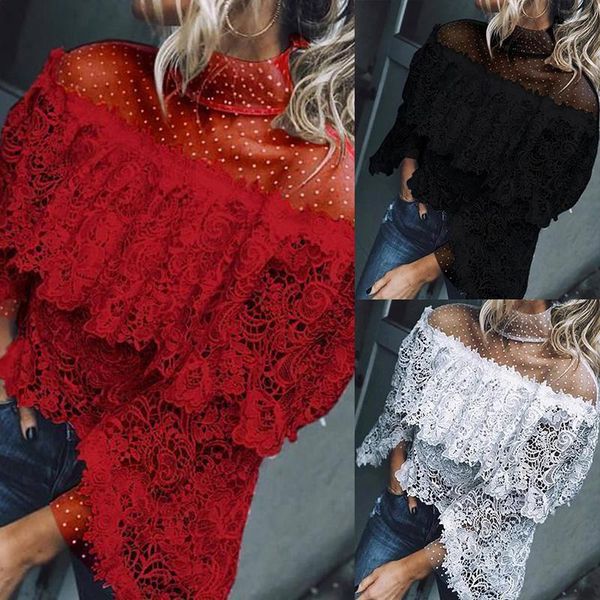 

women high neck lace fashion mesh blouse women's long sleeve pattern solid ladies, White