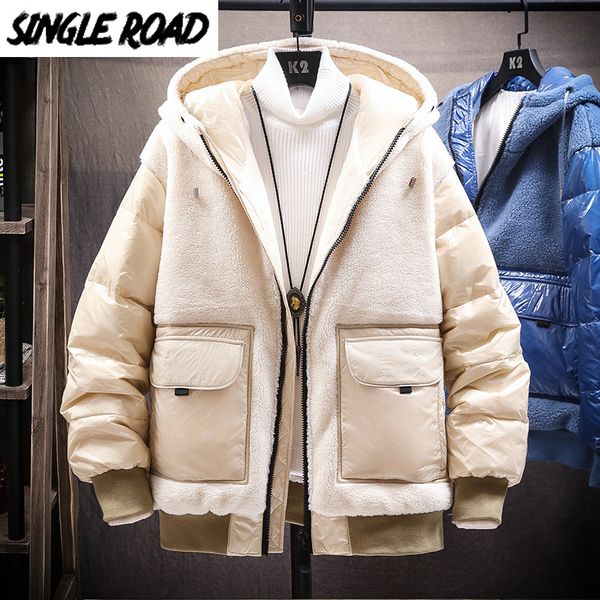 

singleroad mens winter jacket men 2020 fleece down jacket for men hooded coat patchwork windproof streetwear fashion jackets y1124, Black