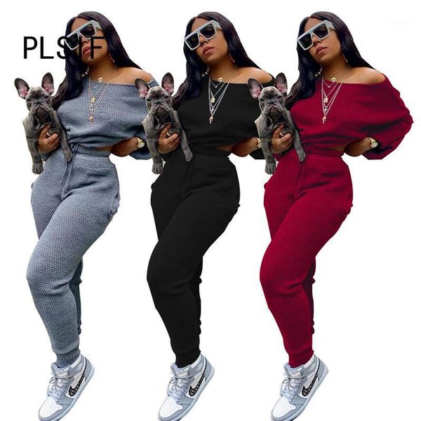 

simple pure color skew neck long sleeve crop and pants 2 pieces set high street chic lady fashion tracksuits1, Gray