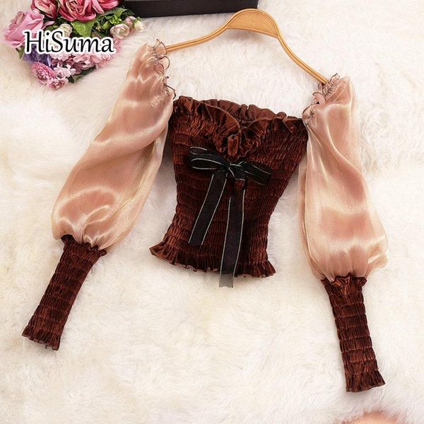 

women's blouses & shirts 2021 winter female square collar bow puff sleeve waist velvet with gauze elegant vintage blouse fairy, White