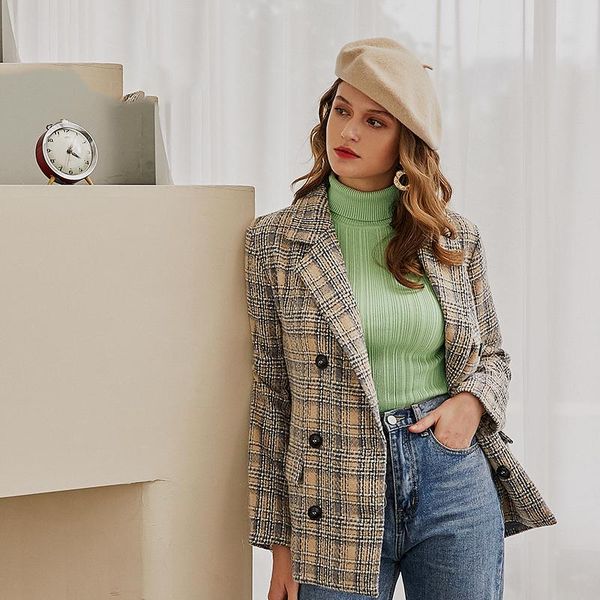 

elegant autumn winter plaid women blazer coat causal jacket, White;black