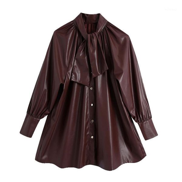 

hadara vintage o neck blouses women fashion tie belt loose pu leather shirts women elegant lantern sleeve female ladies jq1, White