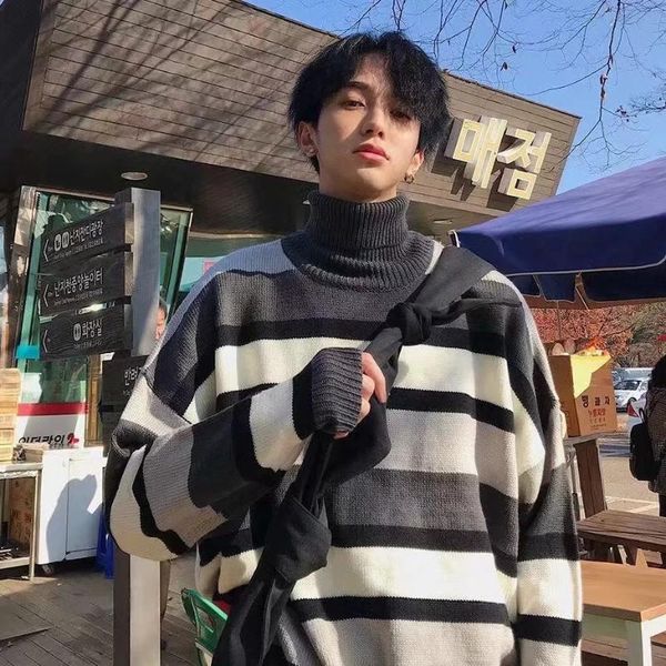 

men's sweaters casual loose man fashion korean style turtleneck winter long sleeve pull hiver clothing db60my, White;black