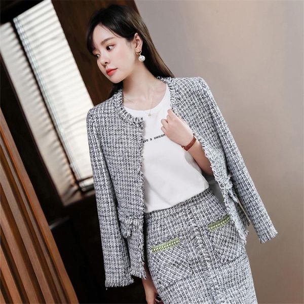 

нежный ветер женская юбка костюм женское интервью одежда осень твид с длинным рукавом женский пиджак элегантный офисный рабочая одежда, White