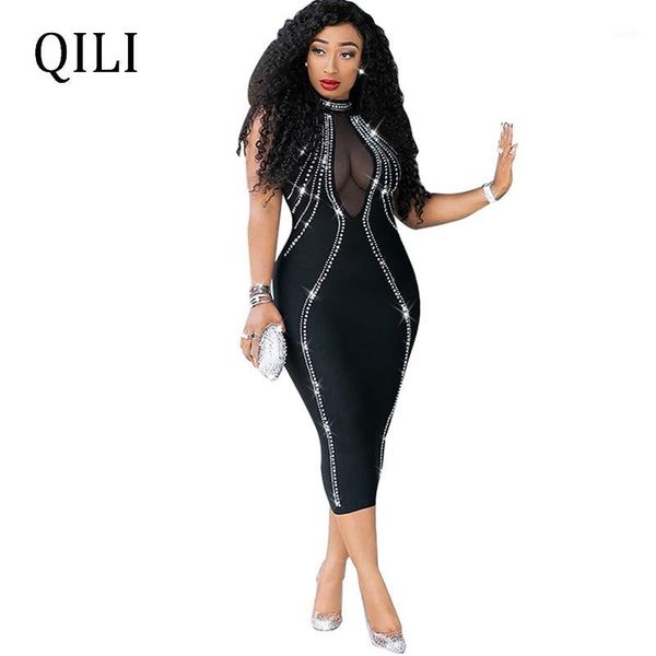 

qili women party dress sleeveless backless diamonds rhinestone dresses black see through mesh bodycon dress famme1, Black;gray