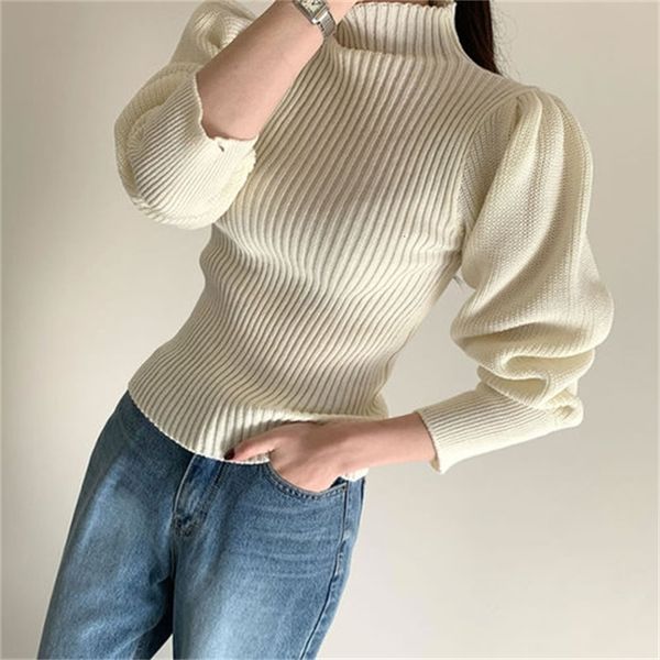 

2021 new female turtlenecks solid puff sleeves standard knitting pit jumper office lady thin waist knits winter sweater nu5l, White;black