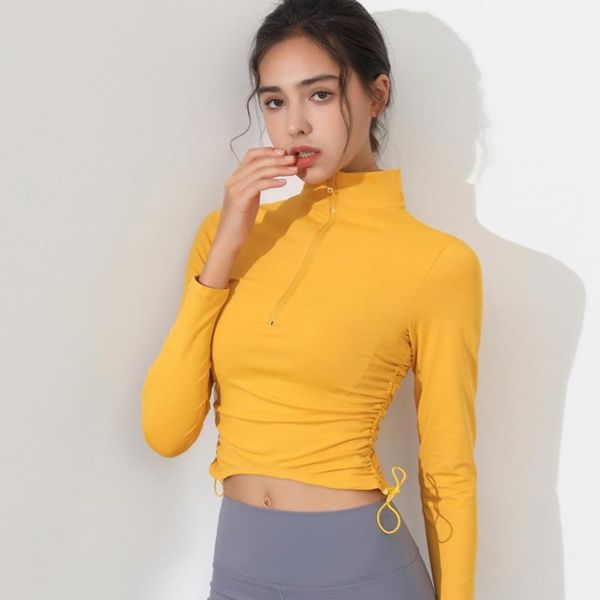 

autumn half zip sport women quick dry fitness jersey gym long sleeve short yoga side drawstring running workout shirts, White;red