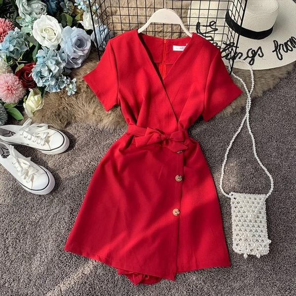 

nicemix 2020 summer bodysuit women romper short sleeves red jumpsuit v neck wide pants single breasted solid beach style, Black;white