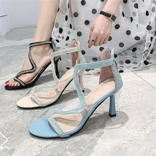 

cootelili 2020 new sandals women diamond decoration shoes summer women sandal fashion 8cm heel sandal zip black basic casual #fi6s