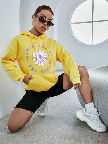 

slogan and floral print drop shoulder drawstring hoodie l4iv#, White;black