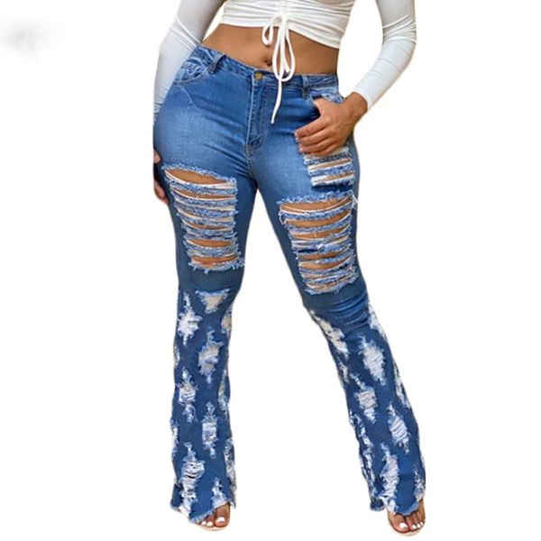 

high waist flare jeans with holes pockets 2021 streetwear plus size women trousers bell bottoms skinny denim pants, Blue
