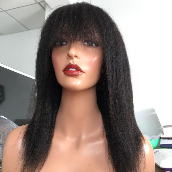 

lace wigs fringe wig 13x1x6 150% kinky straight with bangs t part middle human hair for women remy black knot brazilian, Black;brown