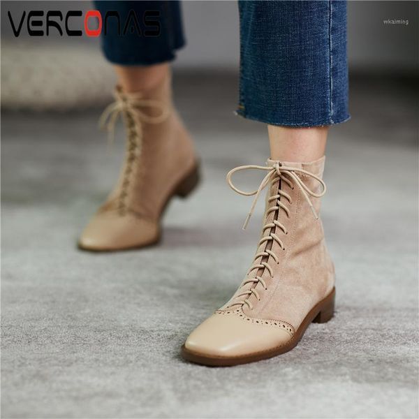 

boots verconas female basic lace-up ankle women low heels autumn winter shoes woman fretwork genuine leather office boots1, Black