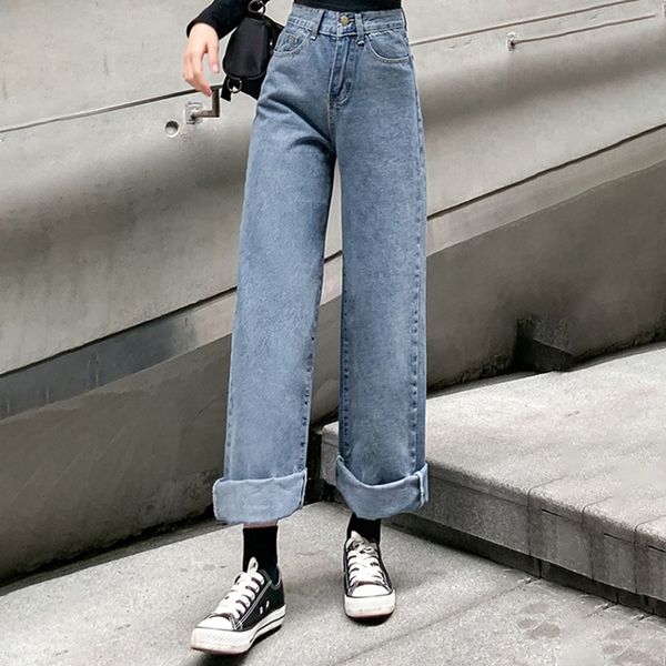 

2021 new women's brim pants new high-waist fashion scrub solid korean retro-korean harajuku broad-casual leg loose jeans 3k k2wl, Blue