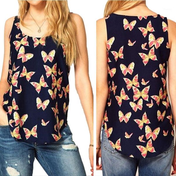 

laamei fashion women casual butterfly print tank plus size sleeveless chiffon tanks shirts crew vest clothing blusa feminina1, White