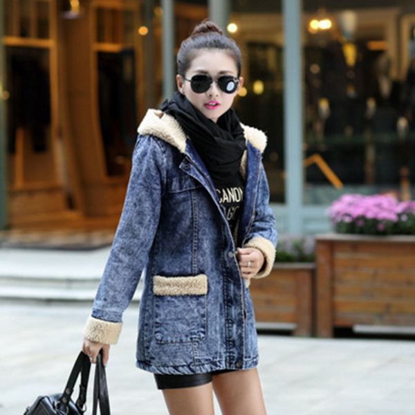 

women's new jeans long jacket with multi-code thick fashion hood 14gb, Black;brown