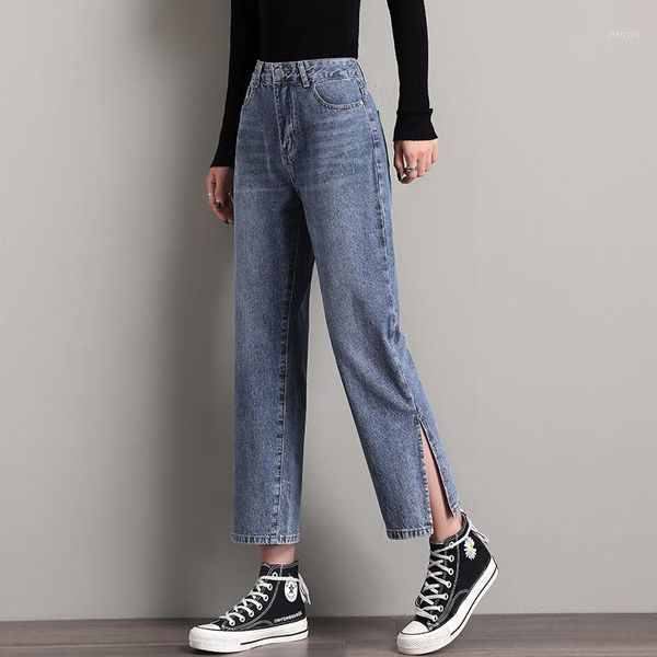

women's denim jeans korea side split cotton jeans straight pants size 26~321, Blue