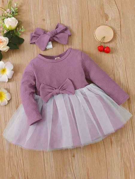 

baby bow front mesh hem dress with headband she, Red;yellow