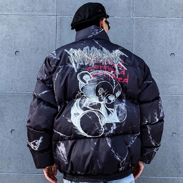 

down jacket cartoon bear print parka men hip hop harajuku streetwear winter thick warm jackets coats oversize m, Black
