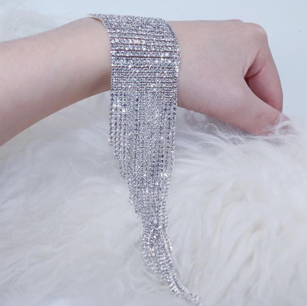 Moda multi fila lunga nappa braccialetto con strass mano da donna sposa cristallo braccialetto orologio gioielli da sposa