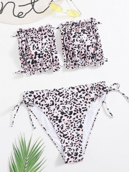 

plus leopard frill bandeau tie side bikini swimsuit c4jo#, Black