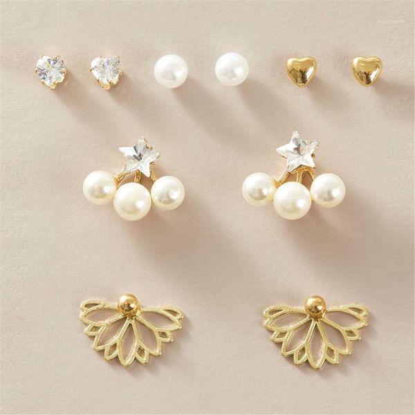 

new lotus five-pointed star ear stud set creative retro earrings 5 pairs / set1, Golden;silver