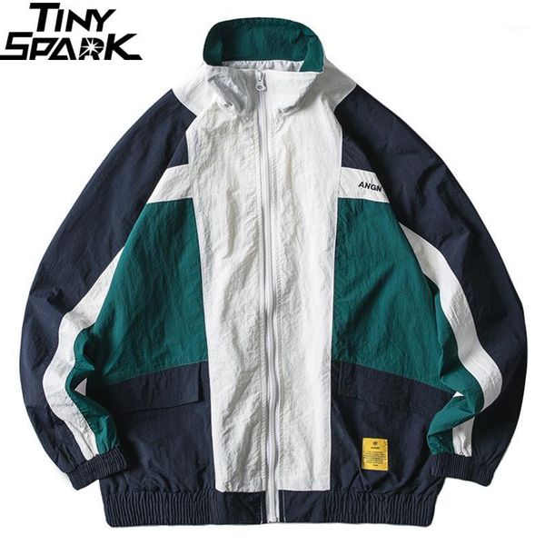 

2019 men jacket windbreaker retro streetwear hip hop jacket coat color block patchwork harajuku track zip autumn casual1, Black;brown