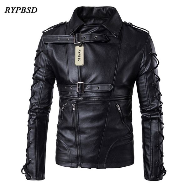 

autumn winter leather jackets men drawstrings motorcycle jackets men fashion streetwear punk male leather jacket jaquetas 201216, Black