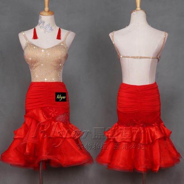 

ladies latin dance competition dress performance dress performance color red skirt dance, Black;red