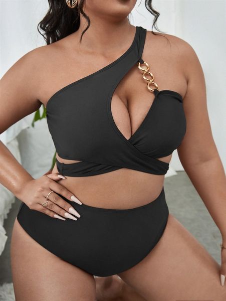 

plus chain linked crisscross one shoulder bikini swimsuit t8iq#, Black