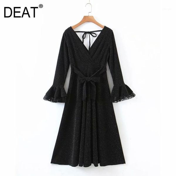 

deat] 2020 spring autumn new fashion personality women v-neck high waist flare sleeve bronzing solid color a-line dress 13u8851, Black;gray