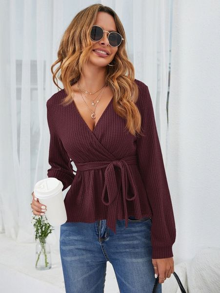 

waffle knit surplice neck belted peplum tee d680#, White