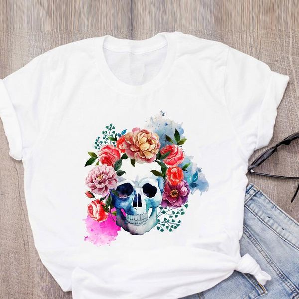 

women graphic watercolor skull flower fashion cartoon summer t-shirt shirt lady clothes womens clothing tee female t shirt, White