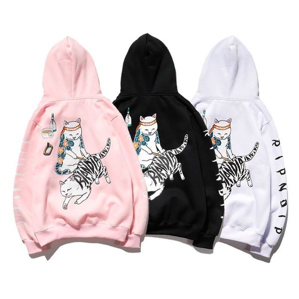 

men and women couples fall/winter ripndip base cat middle finger cat sweater plus velvet loose hoodies, Black