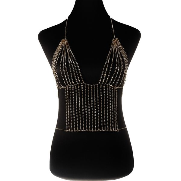 

luxury gold silver color crystal bikini bra chest belly body chains jewelry for women rhinestone body chain necklace bra jewelry t200508