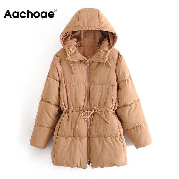 

aachoae fashion women solid long parka 2021 winter bow tie elastic waist hooded coat female casual long sleeve padded jacket, Black
