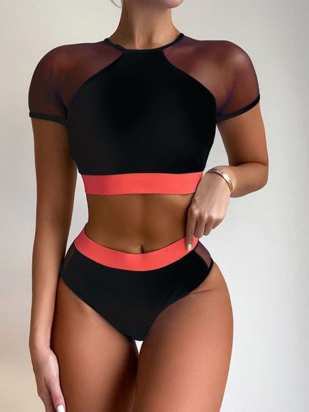 

contrast mesh high waisted bikini swimsuit s7ej#, White;black