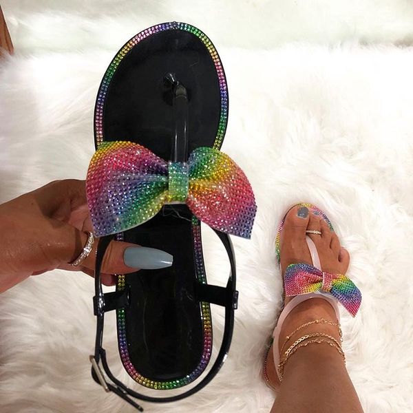 

ladies flat sandals casual rainbow color bow open toe flip flops sandals colorful and elegant ladies flat slippers, Black