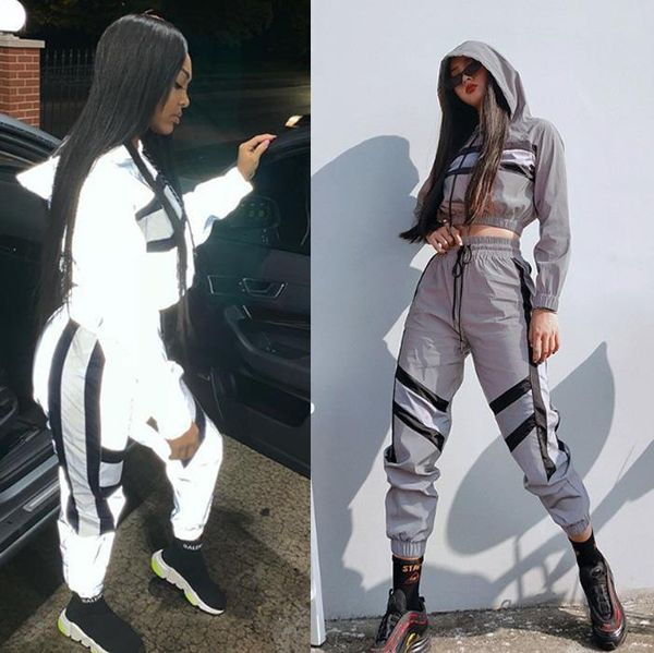 

reflective tracksuit women fashion streetwear 2 piece set women crop summer cool hooded cargo pants reflective, Black;white