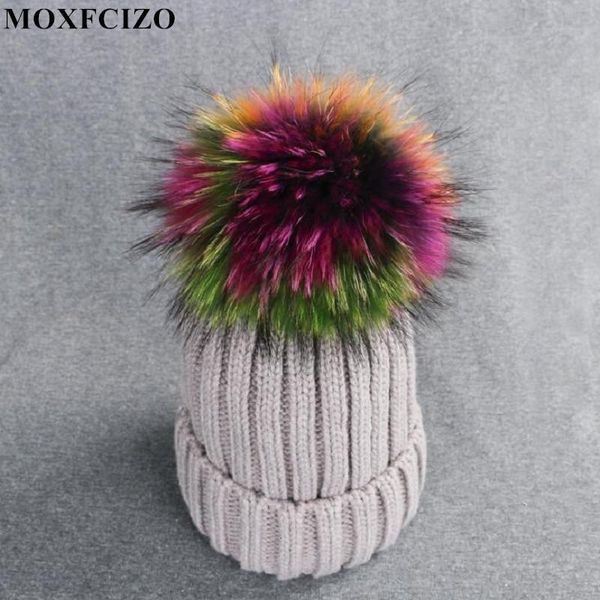

2020 big real fur winter hat raccoon pom pom hat for women brand thick women girls caps knitted beanies cap wholesale, Blue;gray