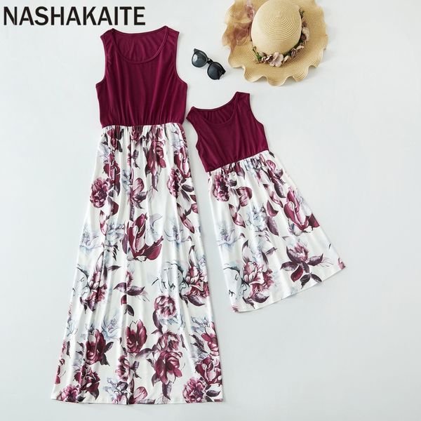 

nashakaite mother and daughter clothes sleeveless patchwork printed long dress mom and daughter dress mommy and me clothes lj201111, Blue