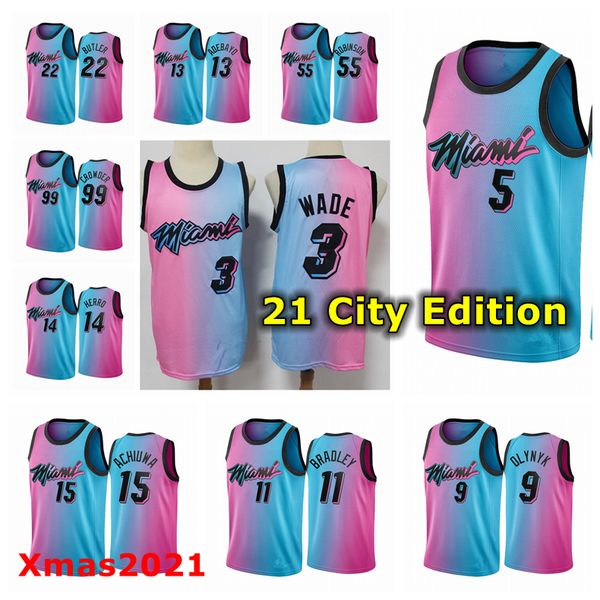 

2021 mens pressing customized basketball jersey 3 wade 14 herro 22 butler 13 adebayo 55 robinson 99 crdwder 5 achiuwa 9 olynyk, Black;red