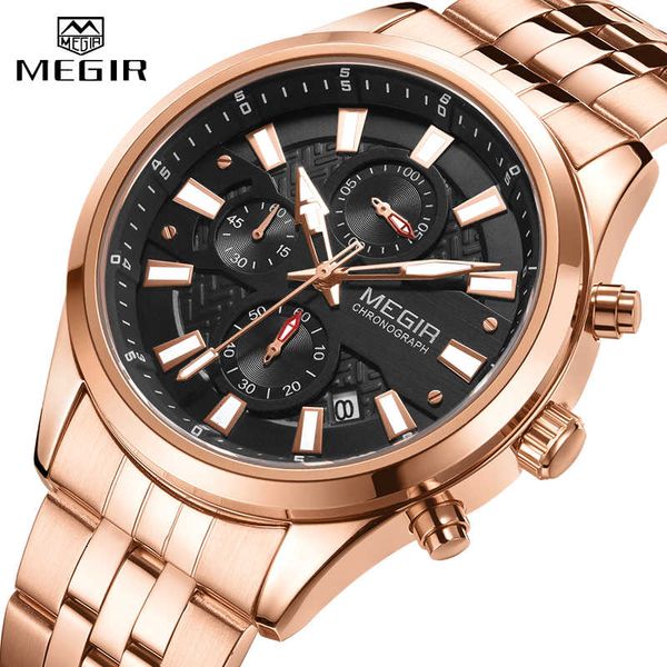 

megir new fashion men's chronograph waterproof stainless steel strap quartz watch men's brand luminous sports watch satch, Silver