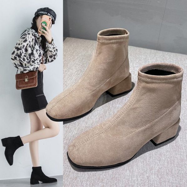 

2020 new autumn women's suede frosted ankle boots female chunky high heels office shoes korean fashion all match, Black
