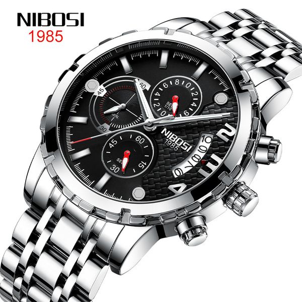 

watch nibosi waterproof quartz watch men's fashion leisure steel band men's watch, White;black