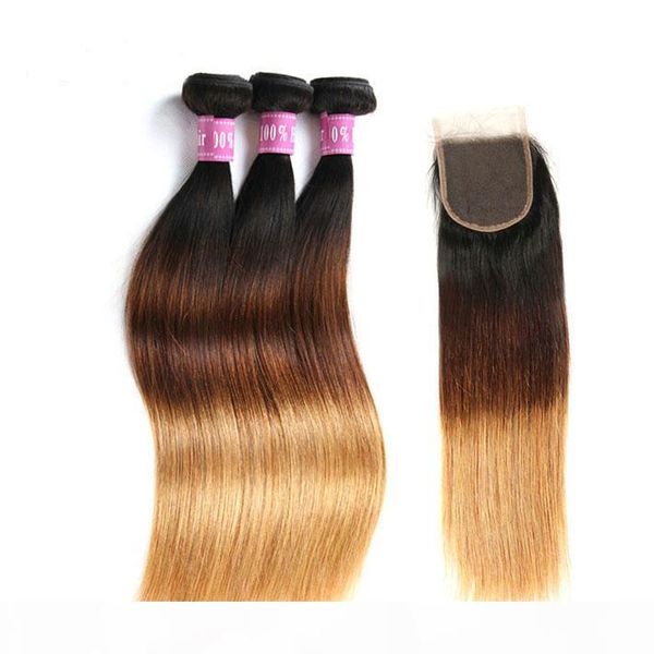 

1b 4 27 ombre brazilian straight hair with closure 3 pieces three tone ombre human hair weaves bundle with silk closures straight, Black