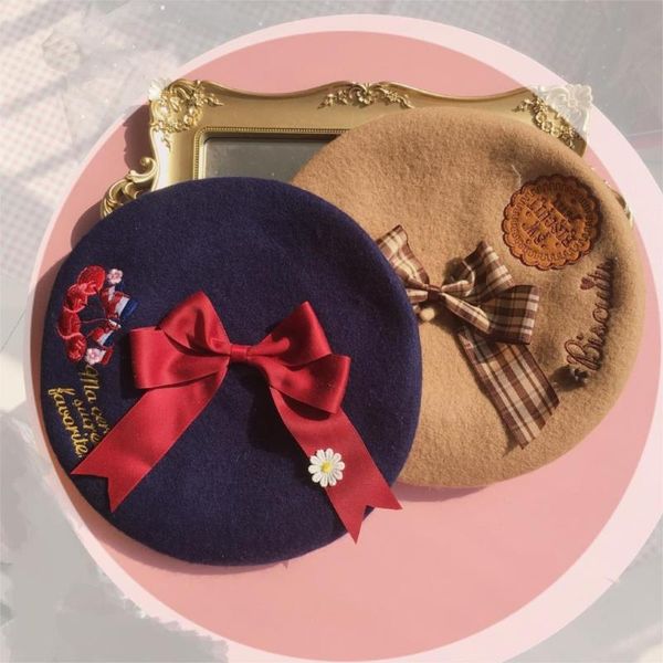 

berets lolita beret cherry embroidery soft girl harajuku cute bow woolen hat, Blue;gray