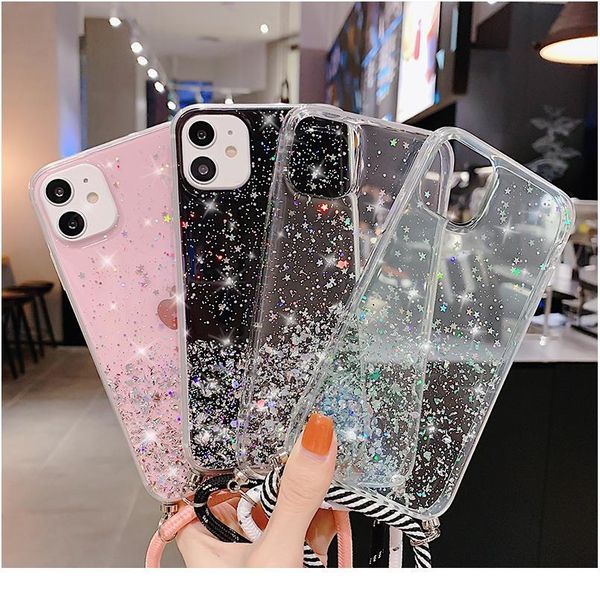 

sparkle glitter strap cord chain necklace lanyard phone case carry cover hang for iphone 11 12 pro xs ma qylbqx