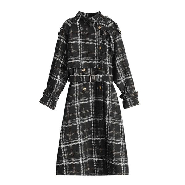 

women's wool & blends classic plaid coat mid-length 2021 winter fashion trench elegant loose thick a-line jacket women, Black