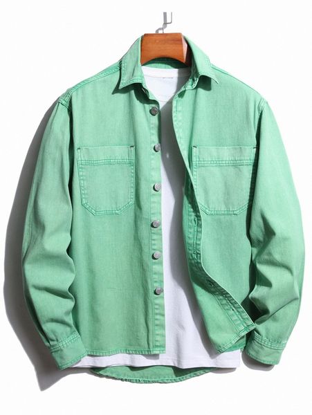 

men solid button front denim jacket g29t#, Blue